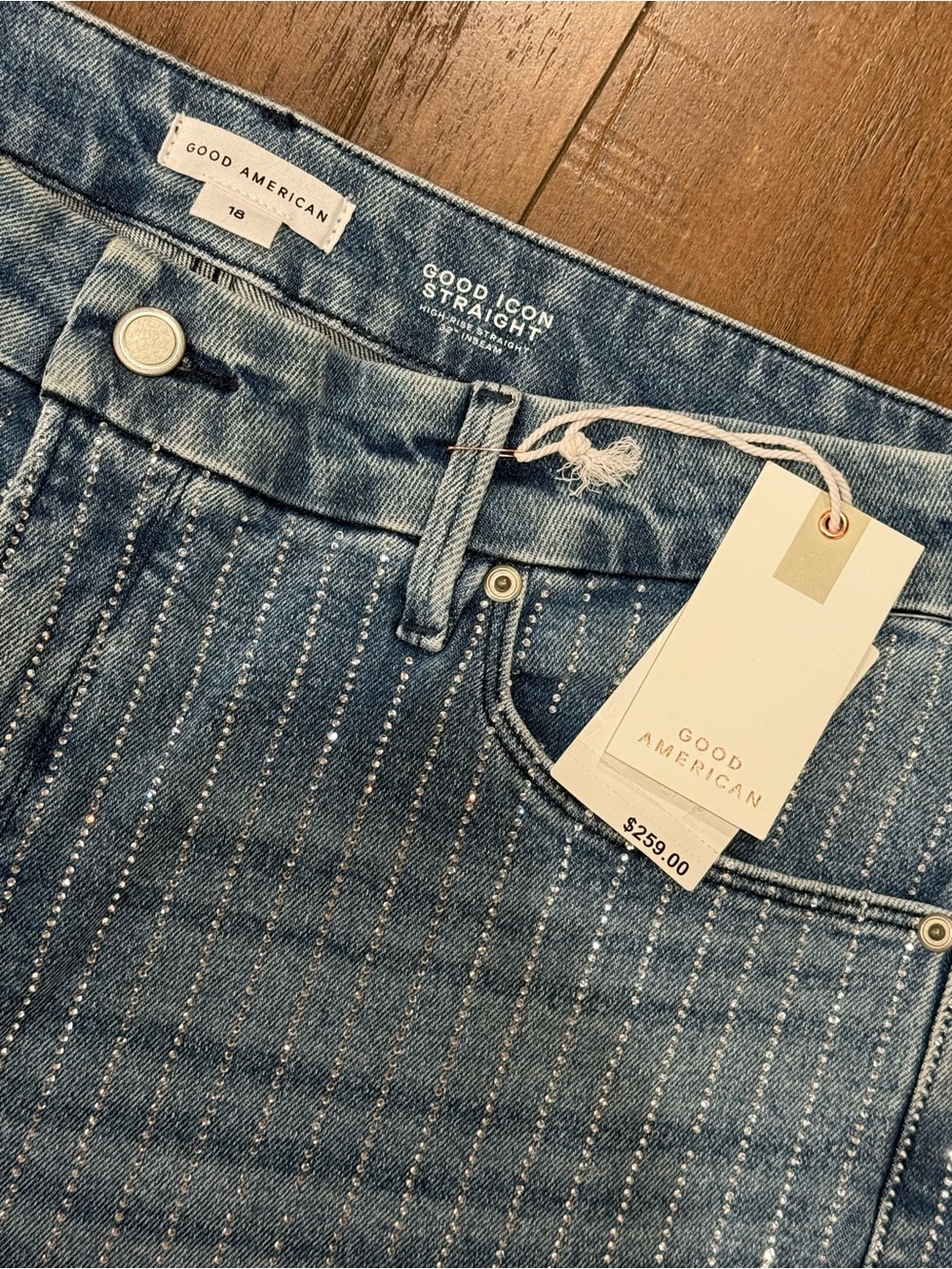 Good American Rhinestone Pinstripe Straight-Leg Jeans in Denim Blue